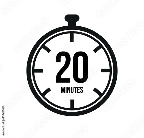 20 clock minutes timers. Time measure. Chronometer vector icon black isolated on white background.