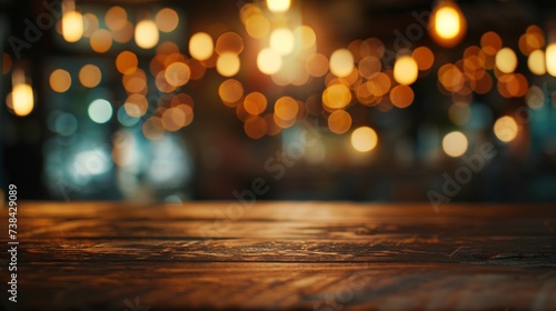 Empty wooden table top with lights bokeh on blur restaurant background   Generative AI