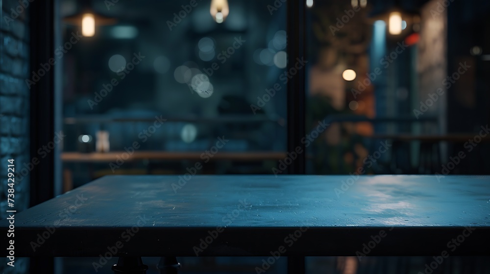 dark blurred background with empty table top cafe restaurant windows background for your product : Generative AI