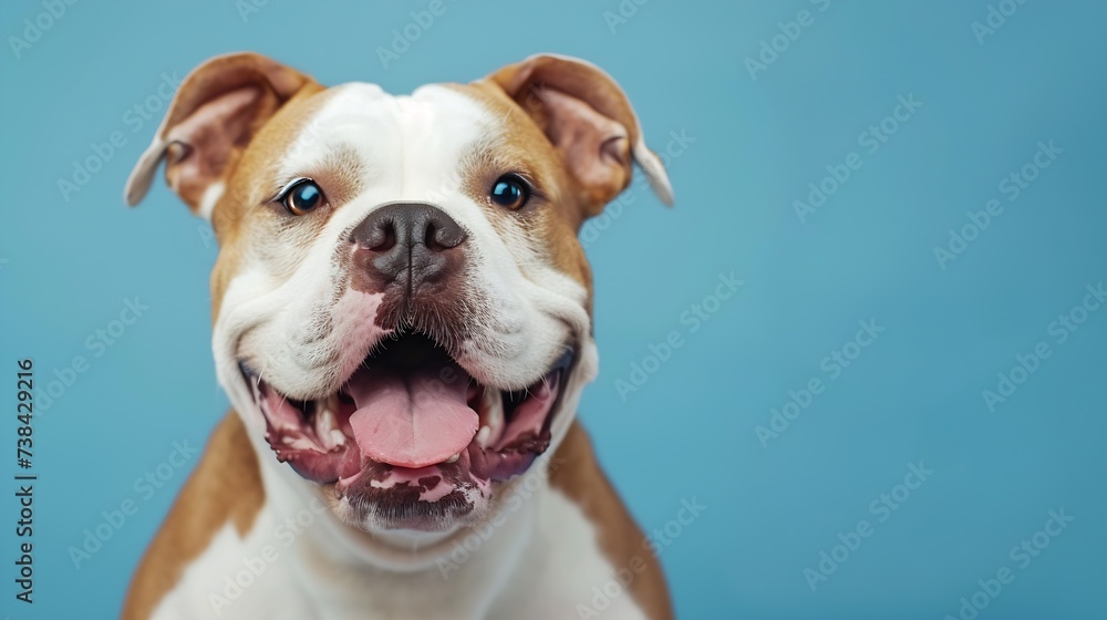 Portrait happy smiling american bully dog. Isolated on blue background. : Generative AI