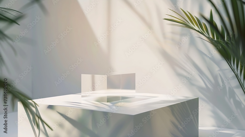 Pedestal shadow display glass podium acrylic block platform for product presentation transparent geometric stand for cosmetics mockup scene with sunlight and shadow Minimal cosmetic ba : Generative AI Pedestal shadow display glass podium acrylic block platform for product presentation transparent geometric stand for cosmetics mockup scene with sunlight and shadow Minimal cosmetic ba : Generative AI