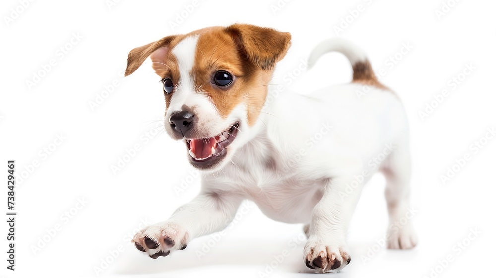 Portrait of cute playful puppy of Jack Russell Terrier in motion, jumping isolated over white studio background. Concept of motion, beauty, vet, breed, pets, animal life. Copy space fo : Generative AI