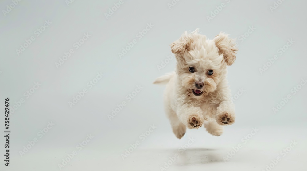 Playful puppy, little Maltipoo dog running, playing isolated over white background. Concept of care, animal life, health, show, breed of dog. Copy space for ad : Generative AI Playful puppy, little Maltipoo dog running, playing isolated over white background. Concept of care, animal life, health, show, breed of dog. Copy space for ad : Generative AI