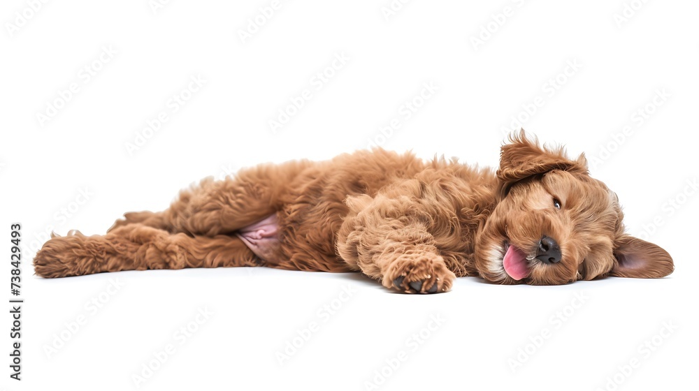 Fototapeta premium Adorable red / abricot Labradoodle dog puppy, laying down side ways, looking towards camera with shiny dark eyes. Isolated on white background. Mouth open showing pink tongue. : Generative AI