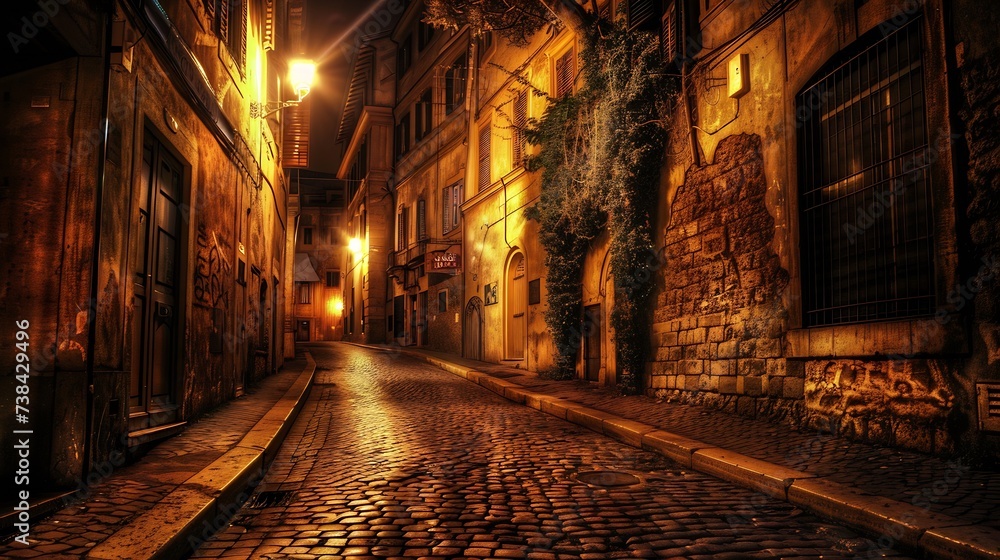 Old cozy street at night in Trastevere Rome Italy Trastevere is rione of Rome on the west bank of the Tiber in Rome Lazio Italy Architecture and landmark of Rome : Generative AI