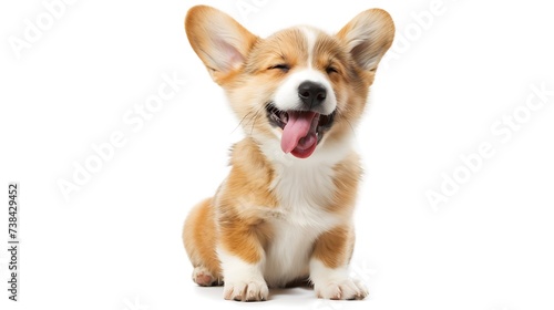 happy Puppy Welsh Corgi 14 Weeks old, dog winking, panting and sitting isolated on white : Generative AI