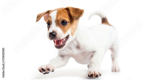 Portrait of cute playful puppy of Jack Russell Terrier in motion, jumping isolated over white studio background. Concept of motion, beauty, vet, breed, pets, animal life. Copy space fo : Generative AI © Generative AI