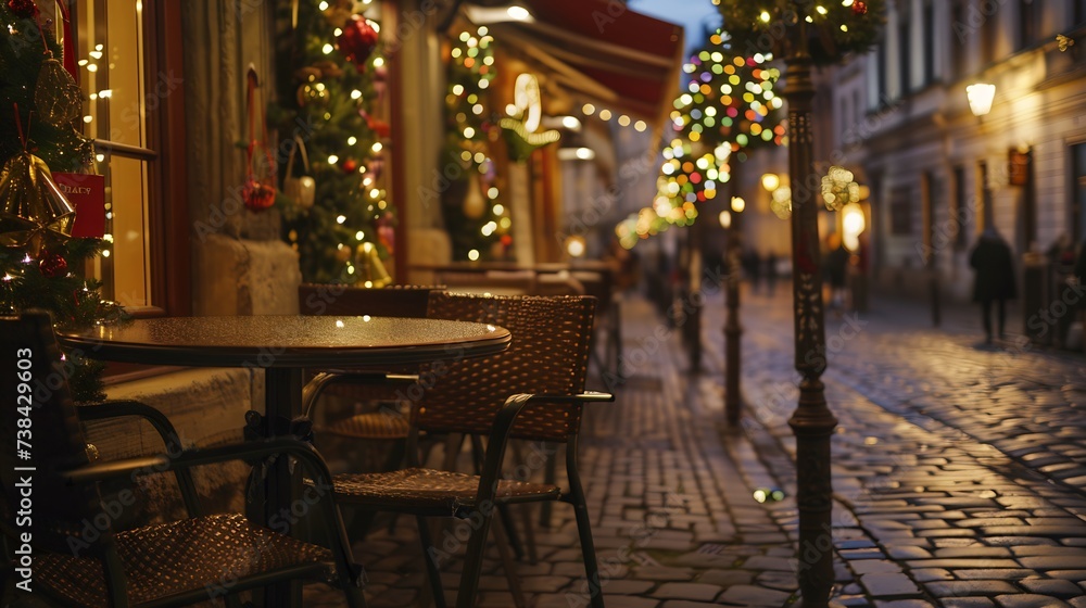 Cafe tables and chairs outside in old cozy street in in Prague Christmas holidays and travel Christmas decorations lights : Generative AI Cafe tables and chairs outside in old cozy street in in Prague Christmas holidays and travel Christmas decorations lights : Generative AI