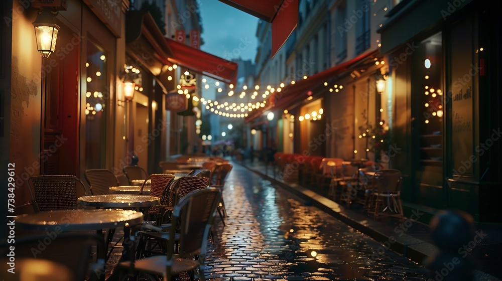 Cozy street with tables of cafe in Paris at night France Architecture and landmarks of Paris Postcard of Paris : Generative AI - obrazy, fototapety, plakaty 