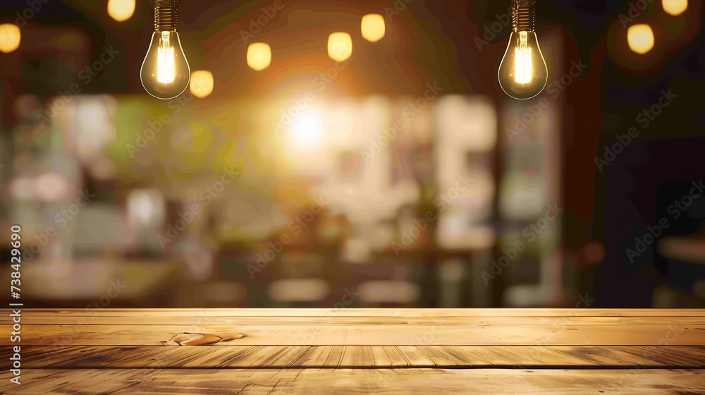 Wood table top on blurred of counter cafe shop with light bulbBackground for montage product display or design key visual layout : Generative AI