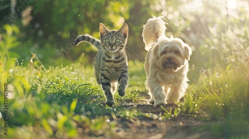 two cute furry friends striped cat and cheerful dog are walking in a sunny spring meadow : Generative AI