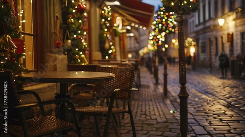 Cafe tables and chairs outside in old cozy street in in Prague Christmas holidays and travel Christmas decorations lights : Generative AI