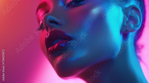 Fashion model woman in colorful bright lights posing portrait of beautiful sexy girl with trendy makeup Art design colorful make up Over colourful vivid background Night club dancer : Generative AI photo
