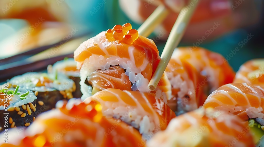 Eating Sushi with chopsticks Sushi roll japanese food in restaurant California Sushi roll set with salmon vegetables flying fish roe and caviar closeup Japan restaurant menu : Generative AI Eating Sushi with chopsticks Sushi roll japanese food in restaurant California Sushi roll set with salmon vegetables flying fish roe and caviar closeup Japan restaurant menu : Generative AI