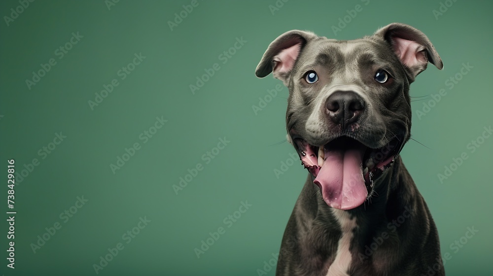 studio portrait of smiling blue gray rescue pit bull type dog sitting with tongue out against a green background : Generative AI
