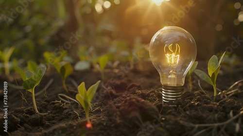 Light bulb is located on soil. plants grow on stacked coins Renewable energy generation is essential for the future. Renewable energy-based green business can limit climate change and  : Generative AI photo
