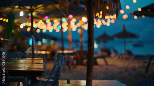 Blurred of restaurant view on night beach : Generative AI