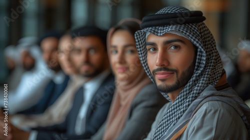 Middle-eastern executives in traditional Emirati attire holding a meeting in Dubai's office - UAE business team collaborating and generating ideas. Business concept. Arabian concept. Meeting concept