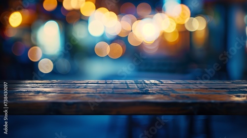 Wood table top Bar with blur light bokeh in dark night caferestaurant background Lifestyle and celebration concepts ideas : Generative AI photo