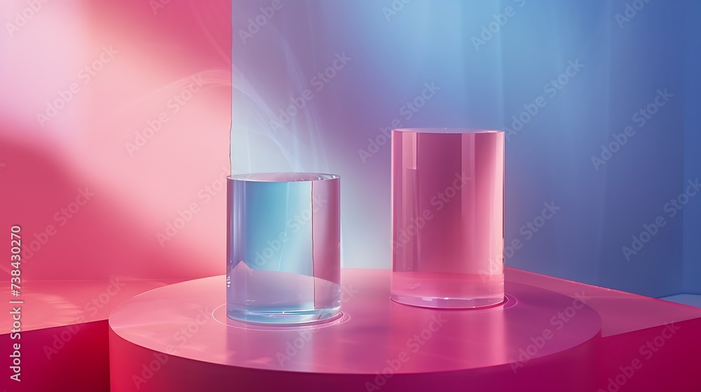 Acrylic empty podium for product presentation on neutral grey background transparent geometric pedestals : Generative AI Acrylic empty podium for product presentation on neutral grey background transparent geometric pedestals : Generative AI
