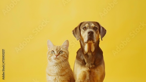 portrait of a cat and dog in front of bright yellow background : Generative AI