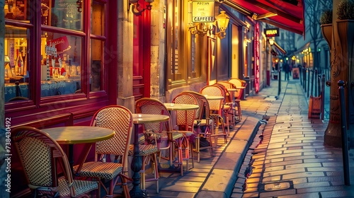 Cozy street with tables of cafe in Paris at night France Cityscape of Paris Architecture and landmarks of Paris : Generative AI photo