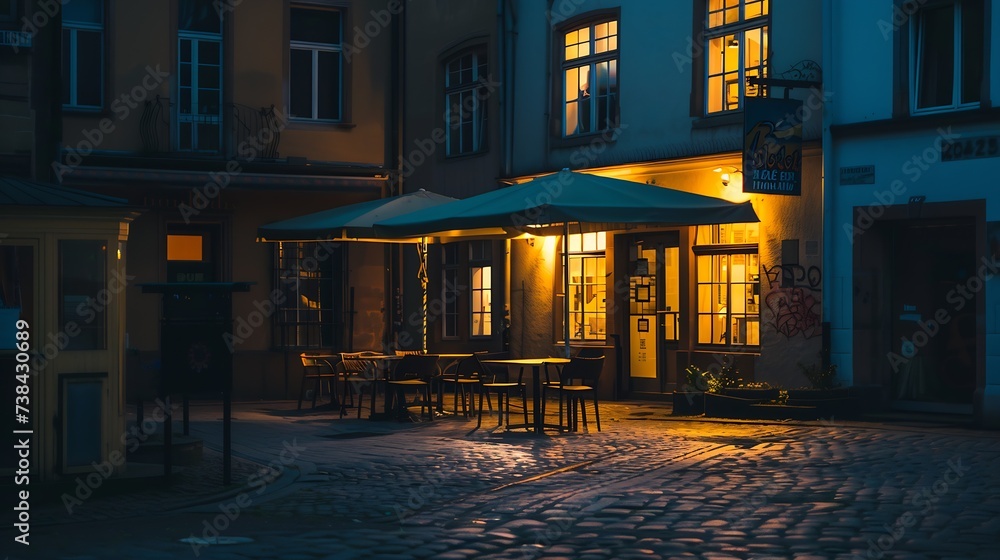 Germany Dusseldorf Old town old houses pavement restaurant at night : Generative AI - obrazy, fototapety, plakaty 