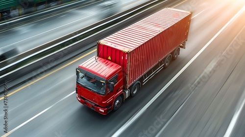 Logistics import export of containers cargo freight ship, truck transport with red container on highway at port cargo shipping dock yard background, copy space, plane, transportation i : Generative AI
