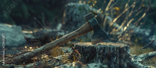 Close-up of a wooden-handled ax in a stump, viewed from a different angle.