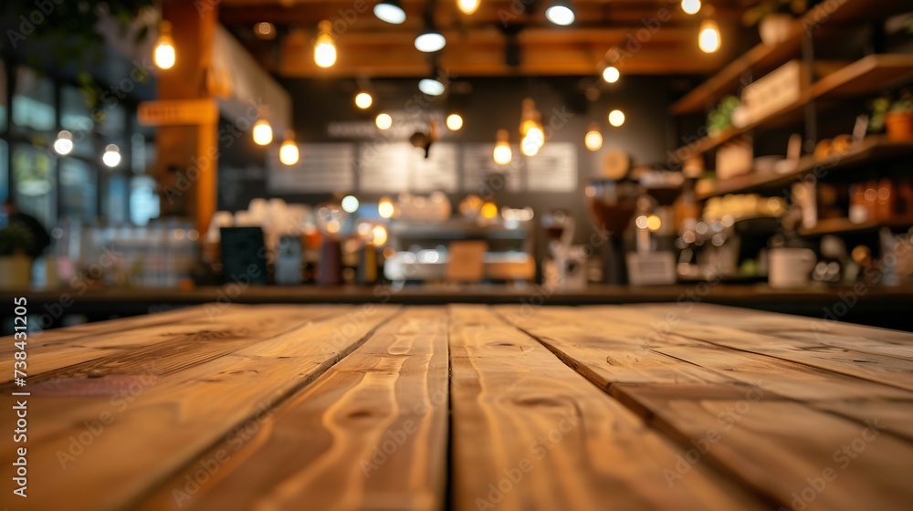 Empty wooden table in front of abstract blurred background of coffee shop can be used for display or montage your productsMock up for display of product : Generative AI
