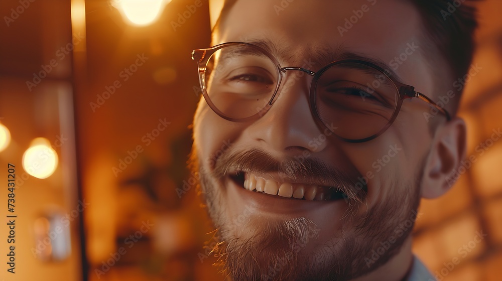 Close up shot of cheerful satisfied attractive male with stubble has broad smile wears round spectacles rejoices success at work stands against cozy interior Fashionable designer glad : Generative AI Close up shot of cheerful satisfied attractive male with stubble has broad smile wears round spectacles rejoices success at work stands against cozy interior Fashionable designer glad : Generative AI