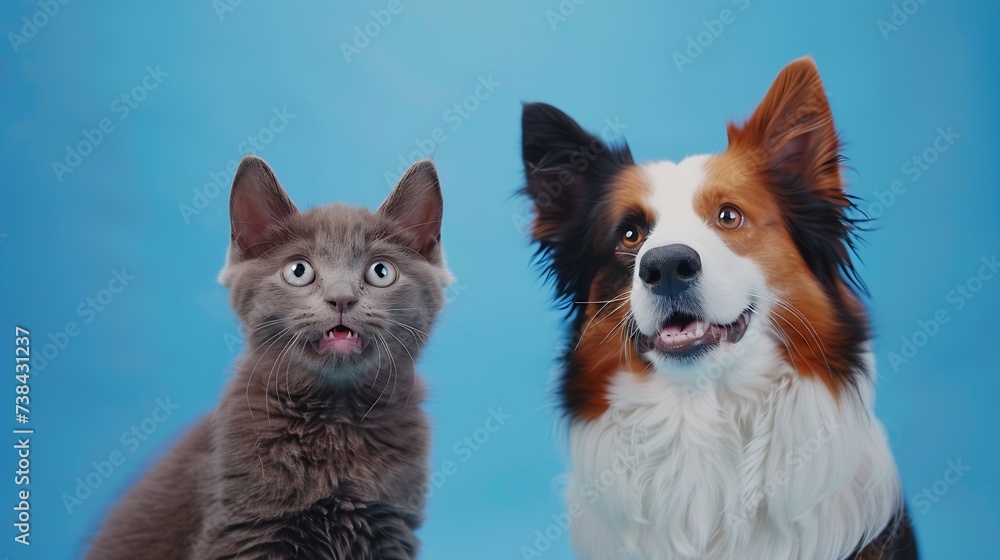 British Shorthair cat kitten and a border collie dog with happy expression together on blue background, banner, looking at the camera : Generative AI