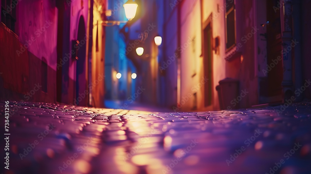 stylized photo of the citys old street in the night : Generative AI - obrazy, fototapety, plakaty 