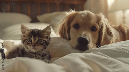 Beautiful dog and a small cat are sitting on a soft white pillow. A kitten and a puppy together at home. Cozy home concept : Generative AI