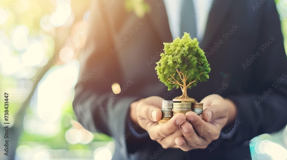 Eco business investment. Green business growth. Businessman holding coin with tree growing on money coin stack. Finance sustainable development.Concept of pass and increase of renewabl : Generative AI - obrazy, fototapety, plakaty 