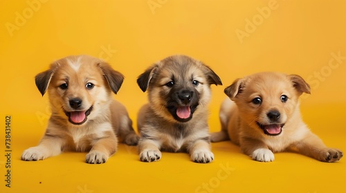 banner three happy puppy dogs smiling on isolated yellow background. : Generative AI