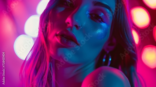 High Fashion model woman in colorful bright lights posing in studio portrait of beautiful sexy girl with trendy makeup and manicure Art design colorful make up Over colourful vivid bac : Generative AI