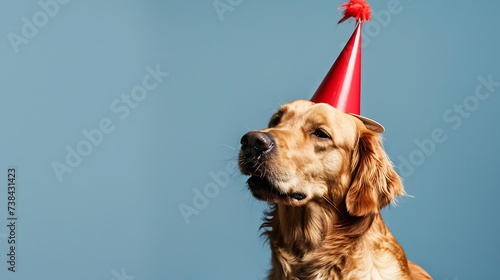 Cute dog celebrating with red pary hat and blow-out against a blue background and copy space to side : Generative AI