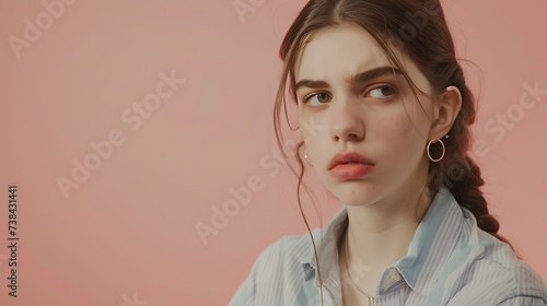 Indoor shot of beautiful female looks mysteriously aside has intriguing look asks to be quiet dressed in casual clothes stands against pink background with blank copy space for your ad : Generative AI photo
