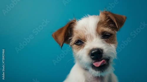 Happy dog puppy winking an eye and smiling on colored blue background with closed eyes. : Generative AI photo