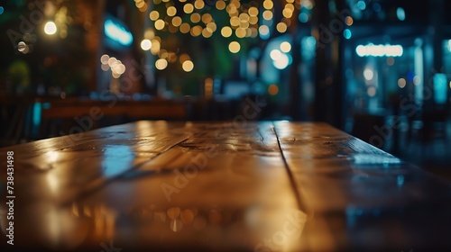 Wood table top with blur of lighting in night cafe restaurant community backgroundselective focus : Generative AI