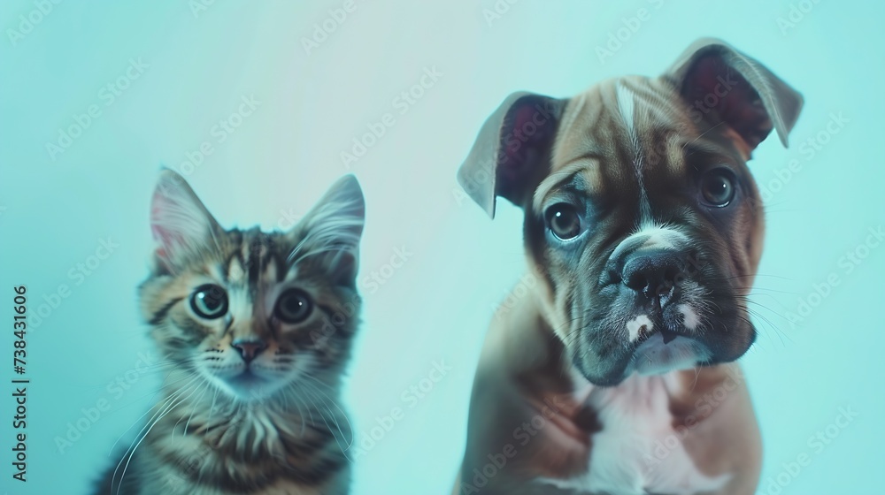bulldog puppy and a tabby cat standing in front of a light blue background both staring at the camera : Generative AI
