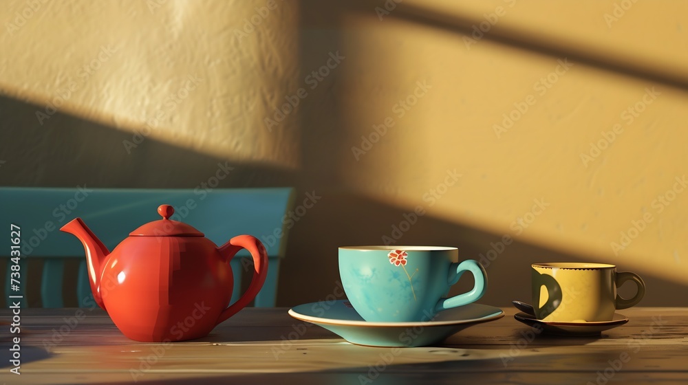 cup and teapot in cafe interior coffee tea utensils : Generative AI
