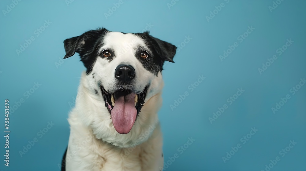 studio portrait of large white and black mixed breed dog with tongue sticking out against a blue background : Generative AI studio portrait of large white and black mixed breed dog with tongue sticking out against a blue background : Generative AI