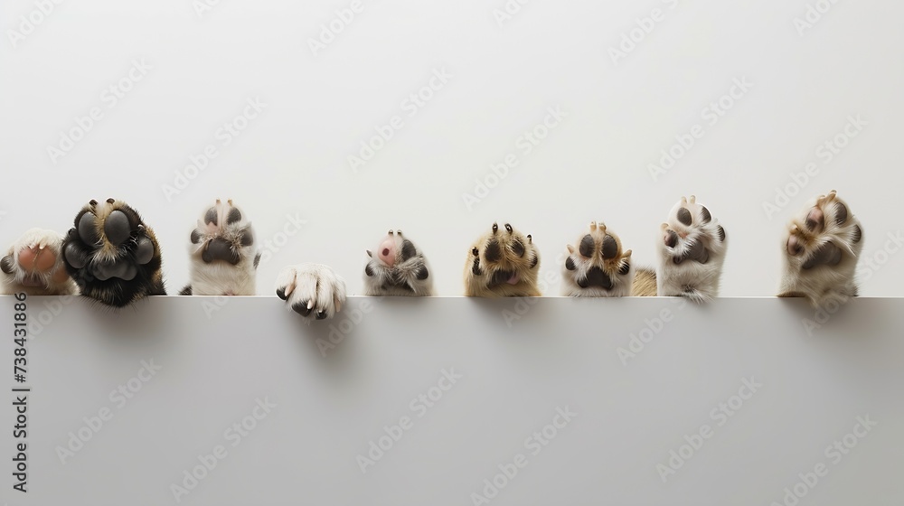 Row of the tops of heads of cats and dogs with paws up, peeking over a blank white sign. Sized for web banner or social media cover : Generative AI Row of the tops of heads of cats and dogs with paws up, peeking over a blank white sign. Sized for web banner or social media cover : Generative AI