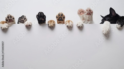 Row of the tops of heads of cats and dogs with paws up, peeking over a blank white sign. Sized for web banner or social media cover : Generative AI photo
