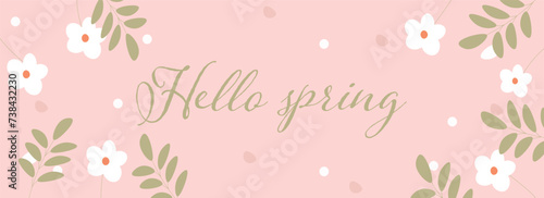 Banner with beautiful flowers and text HELLO SPRING on pink background