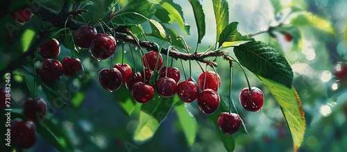 In the lush garden, a vibrant sight awaited as ripe cherries hung temptingly from a cherry branch. photo