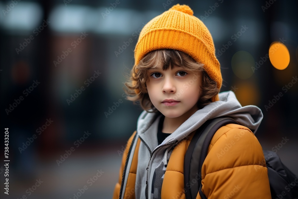 Portrait of a cute little boy in a warm hat with a backpack.
