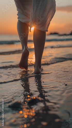 close-up of feet of woman walking on a beach during sunset